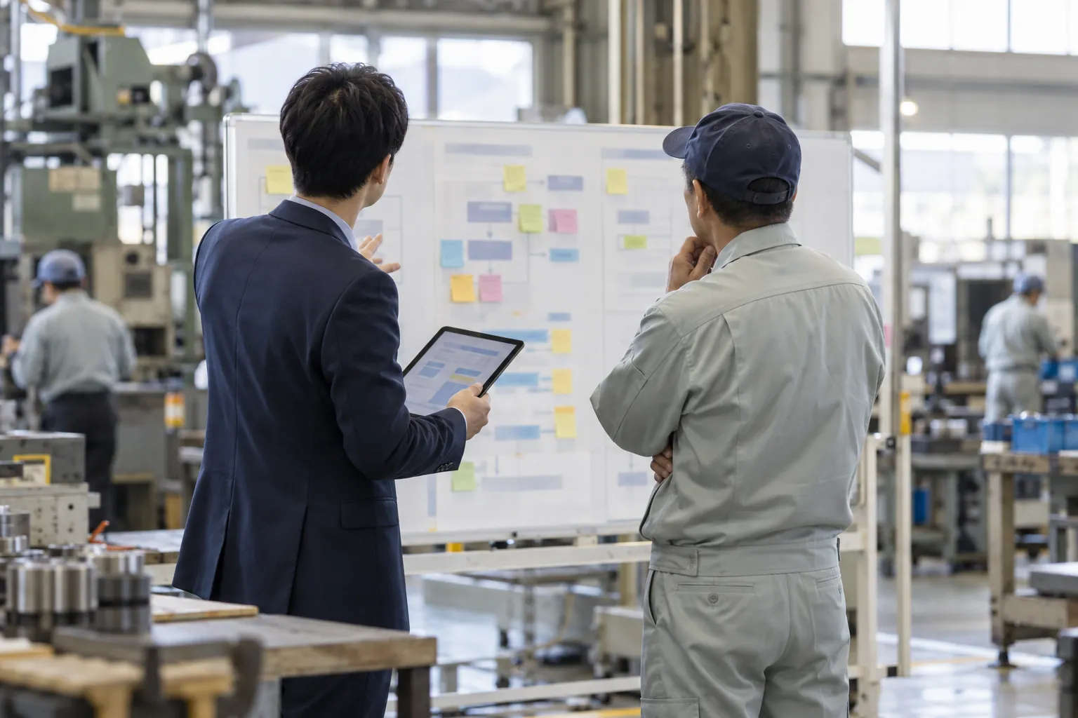 工場の現場で、タブレットを持った担当者と工場長が並んで工程表を見ている