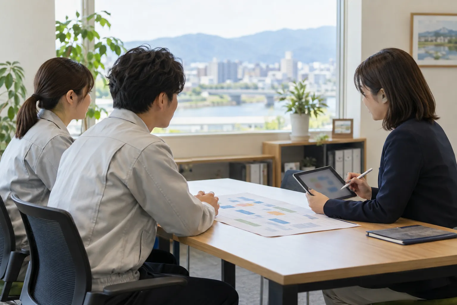担当者が社員の話を聞きながら、業務の流れをタブレットにメモしている